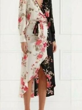 Misa Floral Wrap Midi Dress in Cream & Black